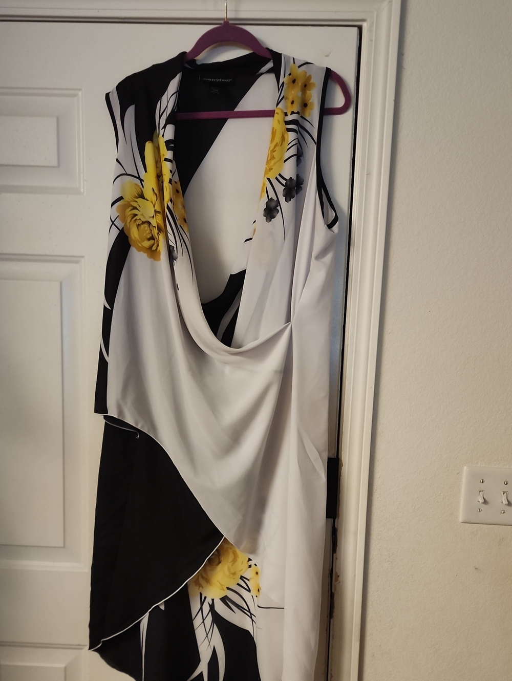 Ashley Stewart Black, White & Yellow Floral Asymmetrical Draped Dress